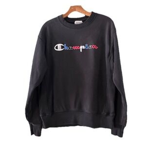 CHAMPION Reverse Weave Embroidered Script Crewneck Sweatshirt Black Medium Faded